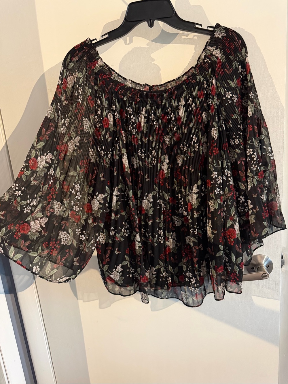 Max Studio Black Floral Off-Shoulder Blouse with Red & Cream Accents